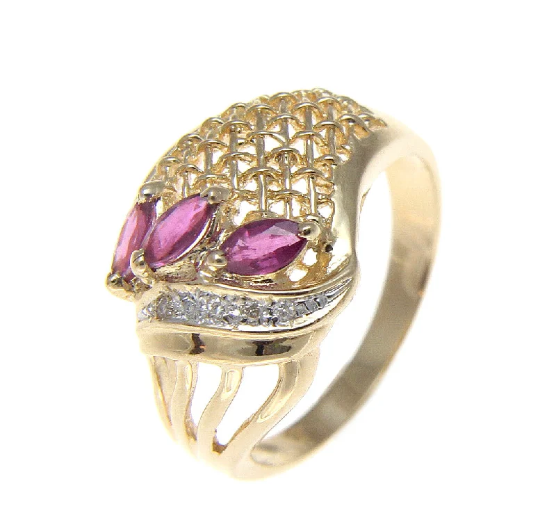 GENUINE MARQUISE CUT RUBY & DIAMOND COCKTAIL RING SOLID 14K YELLOW GOLD