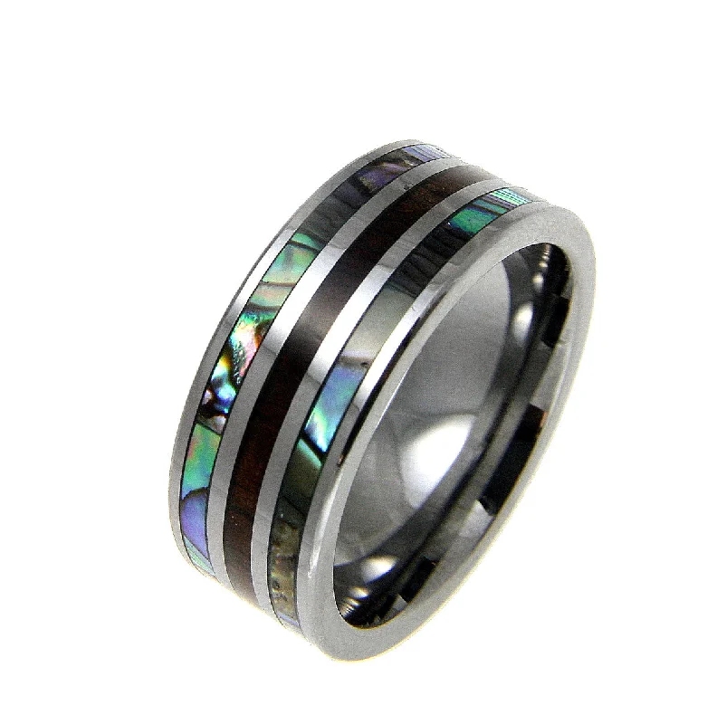 GENUINE INLAY HAWAIIAN KOA WOOD ABALONE SHELL BAND RING TUNGSTEN COMFORT FIT 8MM