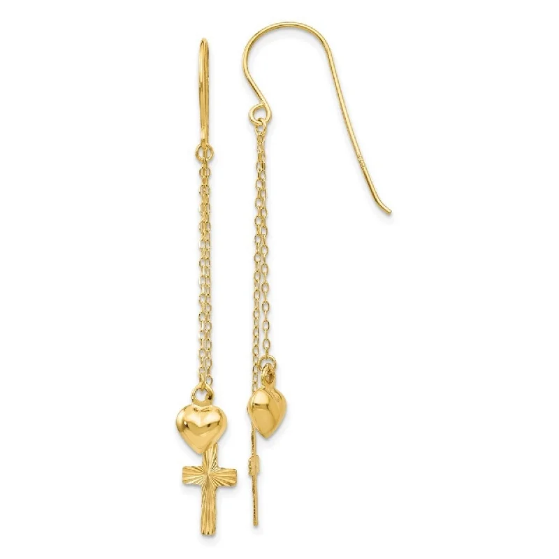 Curata 14k Yellow Gold 51x8mm Puffed Heart Cross Ropa Chain Earrings