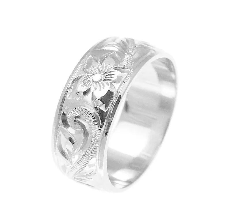 14K WHITE GOLD HAND ENGRAVED HAWAIIAN PLUMERIA SCROLL BAND RING SMOOTH EDGE 8MM