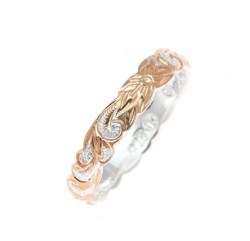 925 Silver 4mm 2T Pink Rose Gold Hawaiian Scroll Hand Engraved Cut Out Ring Band