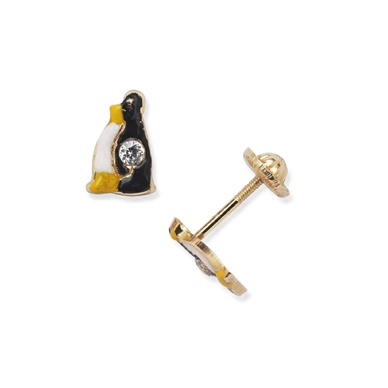 Curata 14k Gold Cubic Zirconia Enamel Penguin Screw Back Earrings