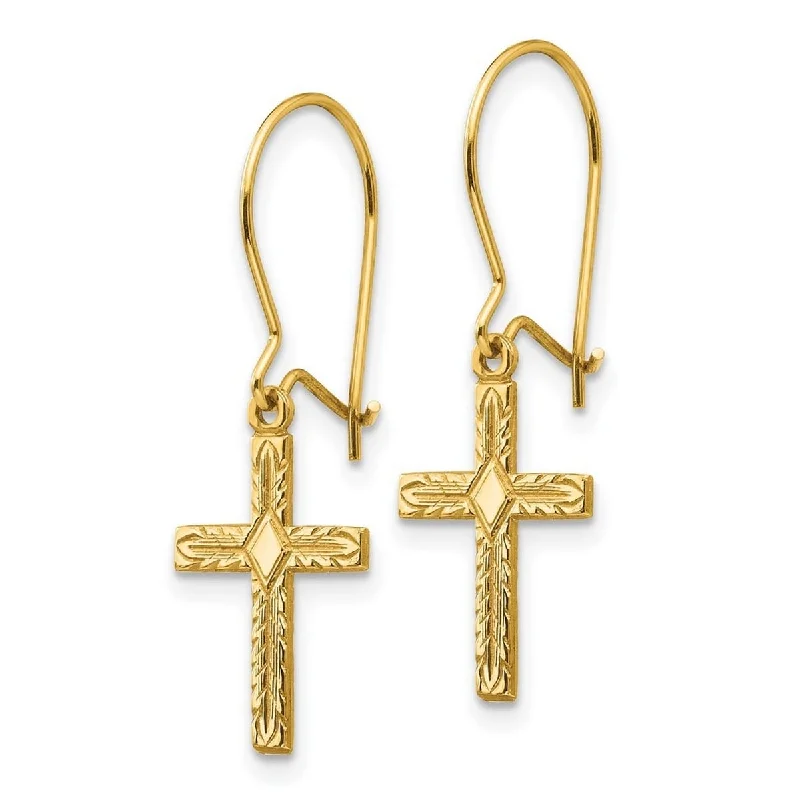 Curata 14k Yellow Gold 27x10mm Satin Kidney Wire Cross Dangle Earrings