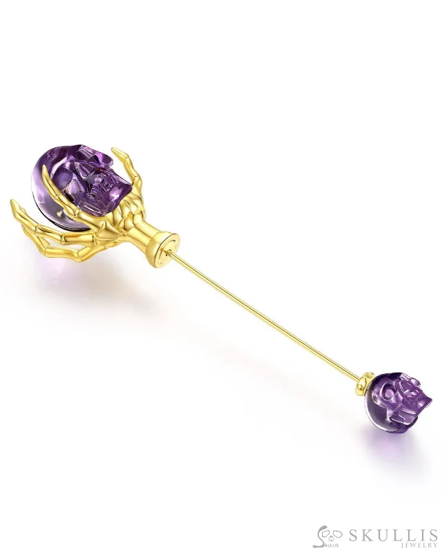 Gem Skull Brooch of Amethyst Carved Skull with Skeleton Hand in 18K Gold-Plated 925 Sterling Silver