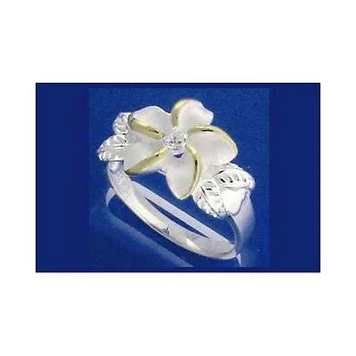 STERLING SILVER 925 HAWAIIAN 12MM PLUMERIA FLOWER MAILE LEAF CZ RING YG 2 TONE