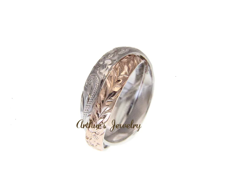 ROSE GOLD PLATED SILVER 925 2 IN 1 HAWAIIAN PLUMERIA SCROLL MAILE RING RHODIUM