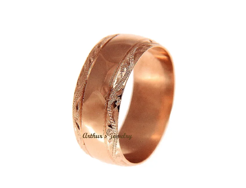 SOLID 14K PINK ROSE GOLD HIGH POLISH CUSTOM HAND ENGRAVED HAWAIIAN SCROLL RING 8MM