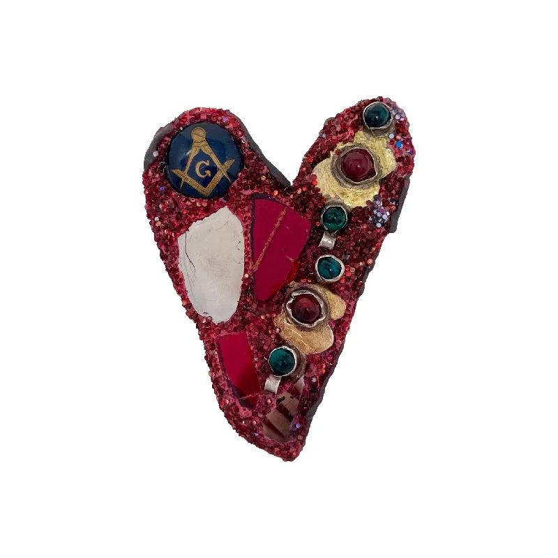 RUBY RED AND BRASS BEADED HEART