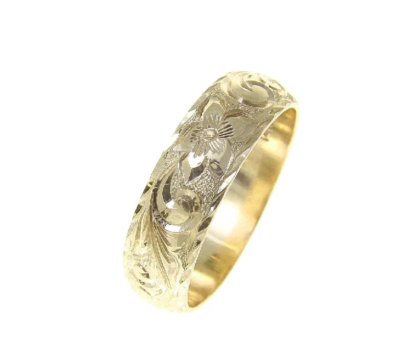 14K YELLOW GOLD HAND ENGRAVED HAWAIIAN PLUMERIA SCROLL RING DIAMOND CUT EDGE 6MM