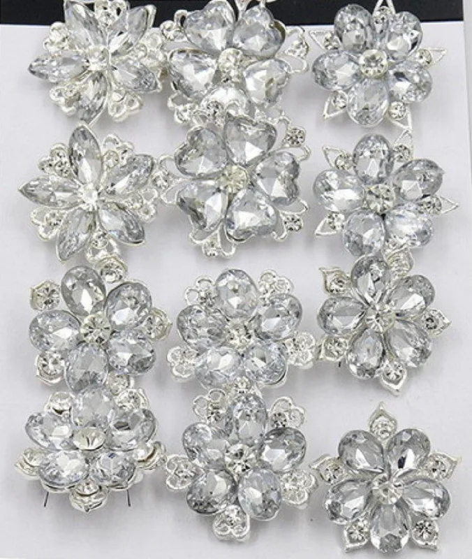 60Pcs of Silver Rhinestone Flower Brooch WBR-034