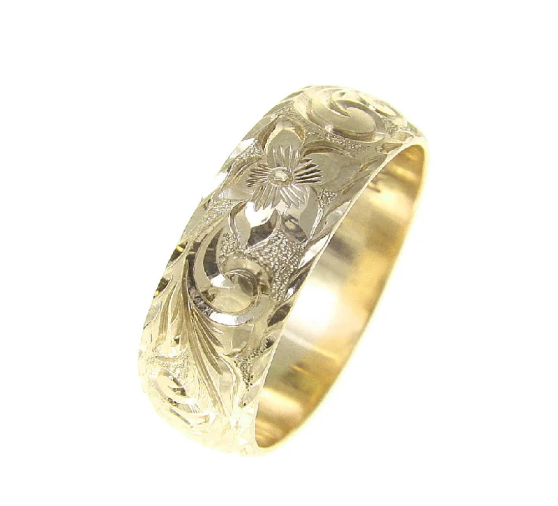 14K YELLOW GOLD HAND ENGRAVED HAWAIIAN PLUMERIA SCROLL RING DIAMOND CUT EDGE 8MM