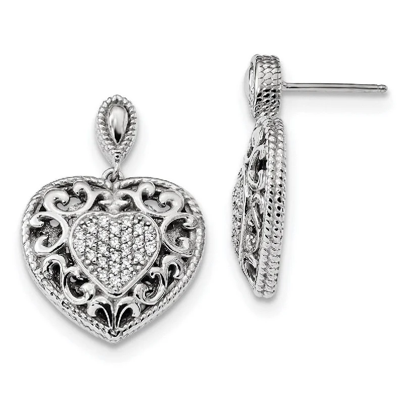 Curata 925 Sterling Silver 27x19.85mm CZ Cubic Zirconia Vintage Heart Dangle Post Earrings