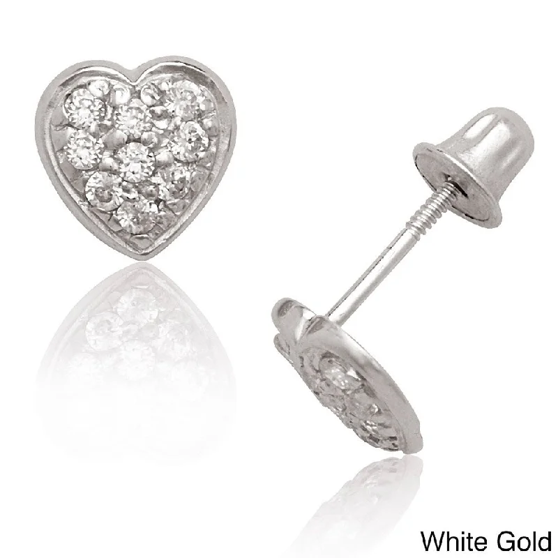 Curata 14K Gold Pave Cubic Zirconia Heart Screw Back earrings - White