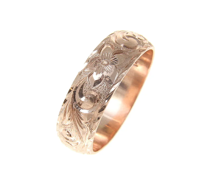 14K ROSE GOLD HAND ENGRAVED HAWAIIAN PLUMERIA SCROLL RING DIAMOND CUT EDGE 8MM