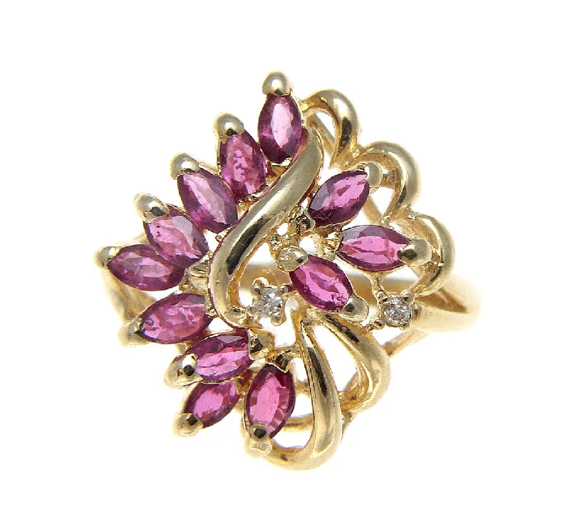 GENUINE MARQUISE CUT RUBY & DIAMOND COCKTAIL RING SOLID 14K YELLOW GOLD