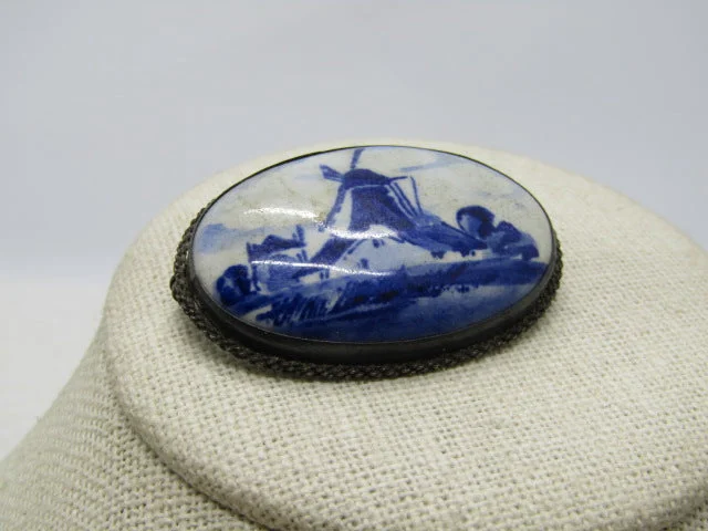 Vintage .835 Silver Delft Brooch, Windmill, Hand Painted Porcelain, C-Clasp, Early 1900's.