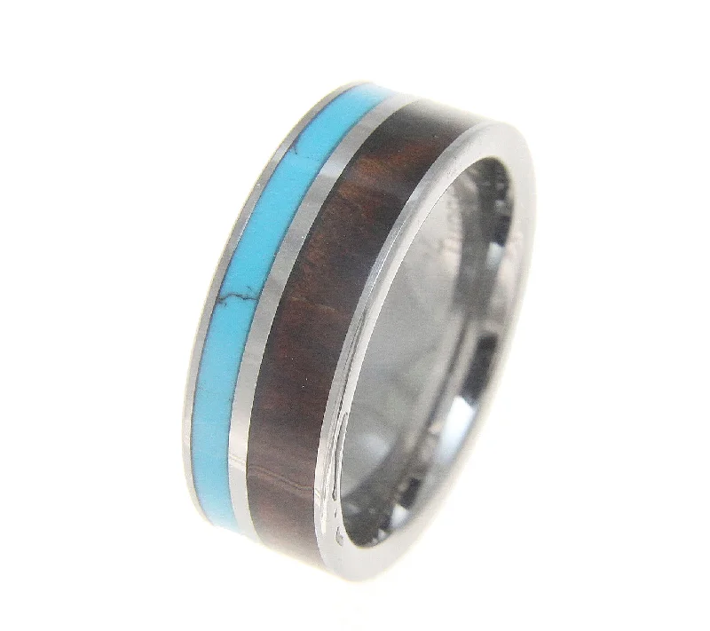 Tungsten 8mm Wedding Band Ring Turquoise Hawaiian Koa Wood Comfort Fit Size 5-14