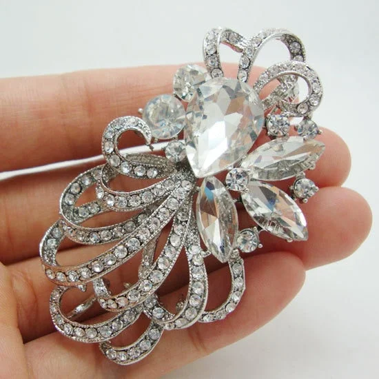 Large Flower Bouquet Bride Bridesmaid Wedding Pendant Brooch Pin Clear Rhinestone Crystal