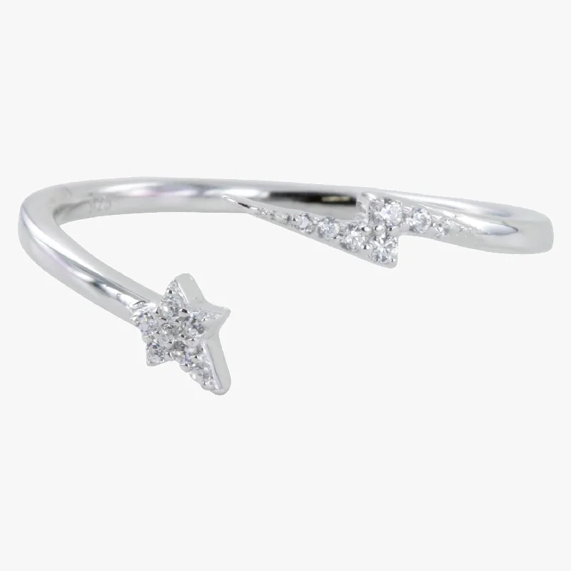 Sterling Silver Lightning and Star Pave Wrap-around Ring