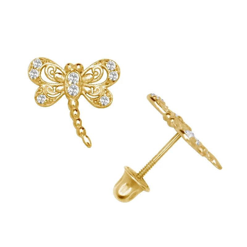 Curata 14k Gold Small Round Cubic Zirconia Dragonfly Screw Back Earrings