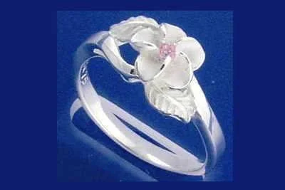 STERLING SILVER 925 HAWAIIAN PLUMERIA FLOWER MAILE LEAF PINK CZ RING SIZE 3 - 10