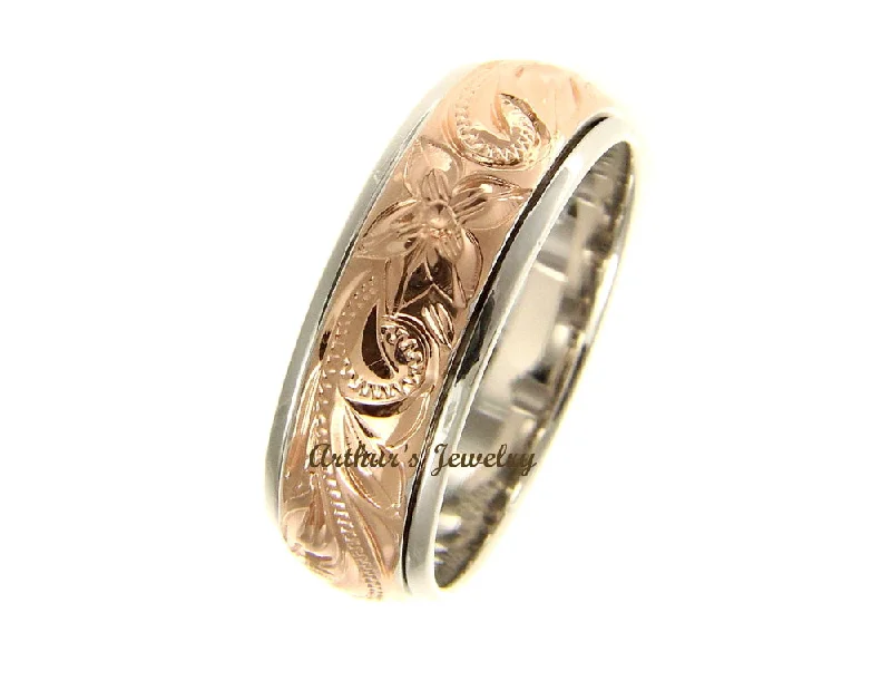 STERLING SILVER 925 HAWAIIAN PLUMERIA SCROLL PINK ROSE GOLD PLATED 2 TONE SPIN RING