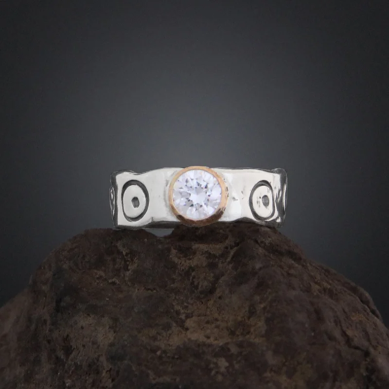 Stamped Band with CZ in Gold Bezel Ring