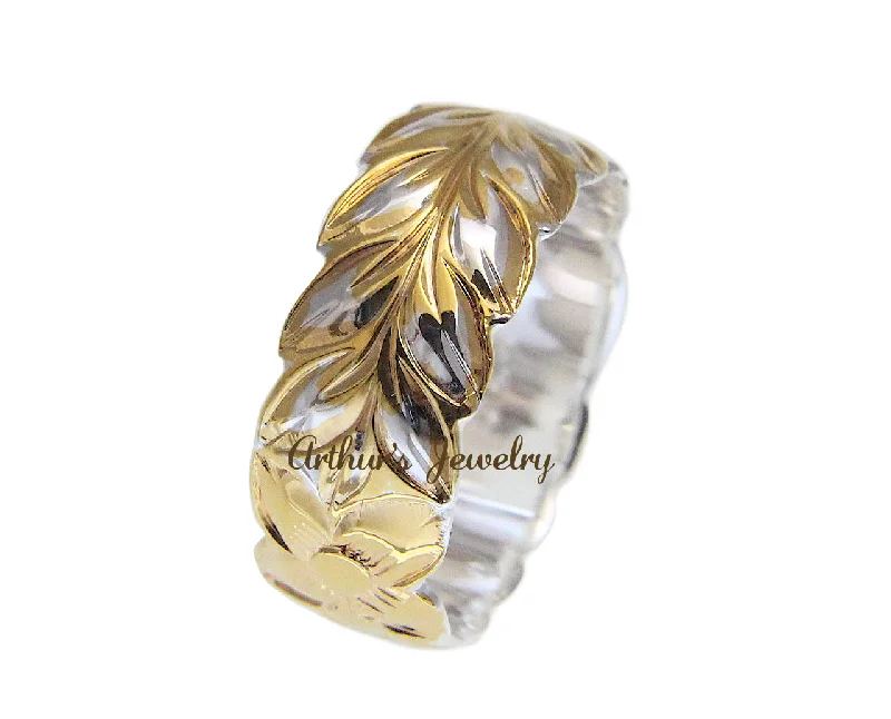 925 STERLING SILVER YELLOW GOLD 2 TONE HAWAIIAN PLUMERIA MAILE LEAF 8MM RING