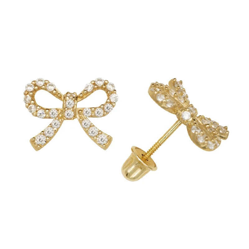 Curata 14k Gold Cubic Zirconia Bow Ribbon Screw Back Earrings