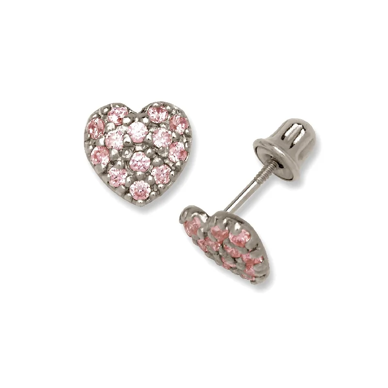 Curata 14K Gold Pink or Red Cubic Zirconia Heart Stud Screw Back Earrings