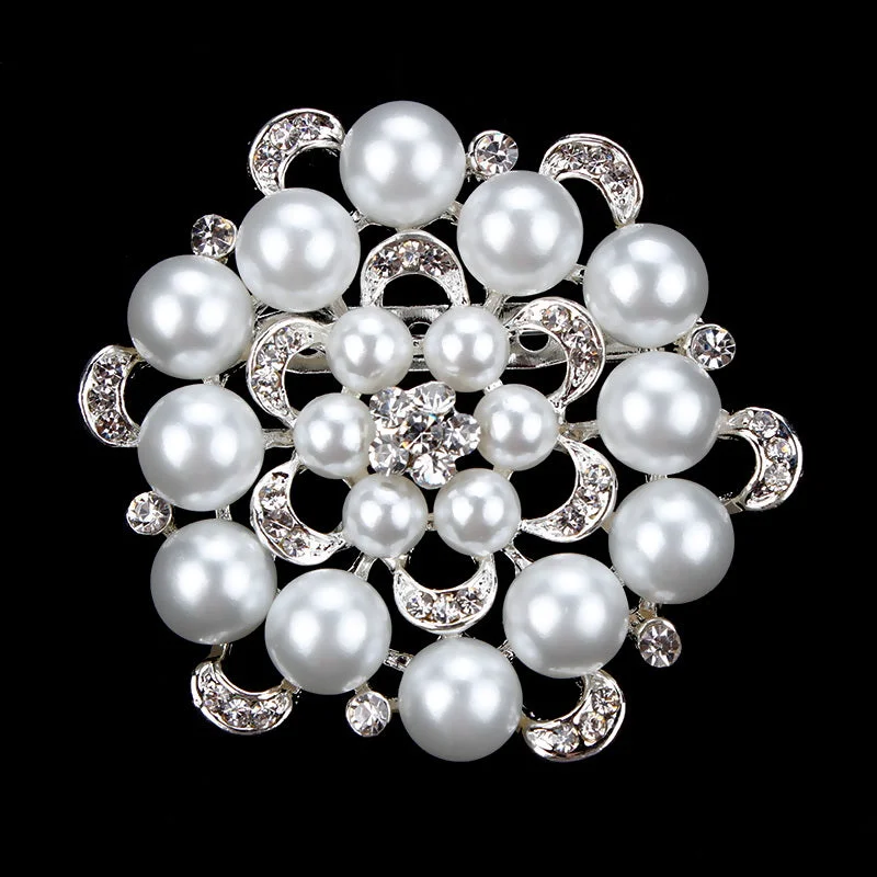 Gold / Silver Brooch Flower Pearls Rhinestone Crystal BR-011a