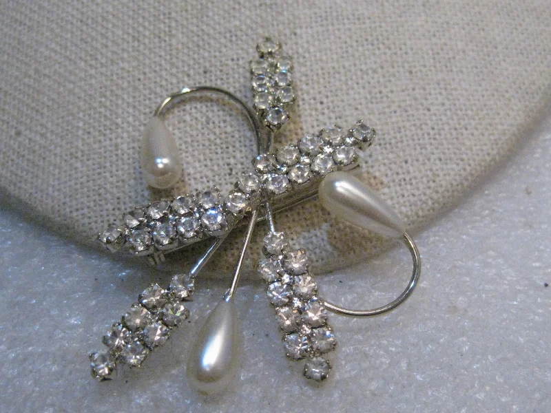 Vintage Art Deco Brooch, Rhinestone & Faux Pearl, Spiral, 2.25", 1960's, Silver Tone