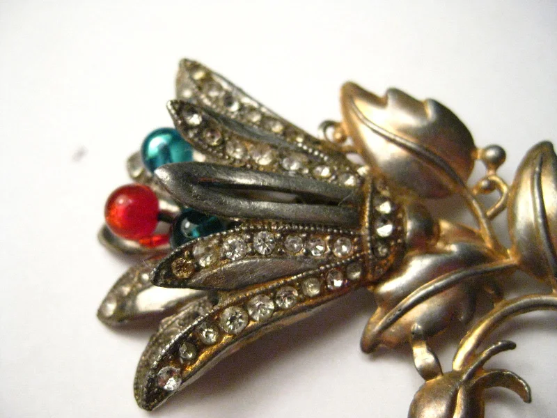 Vintage Art Deco Floral Brooch, Gold and Silver Tone, Pave Set Rhinestones, Glass Bead Center Stems - Tulip-Like, 3.5" tall