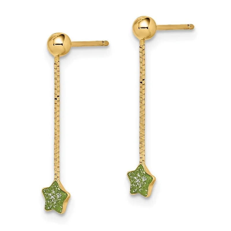 Curata 14k Yellow Gold 21mm Green Enameled Star Chain Dangle Post Earrings