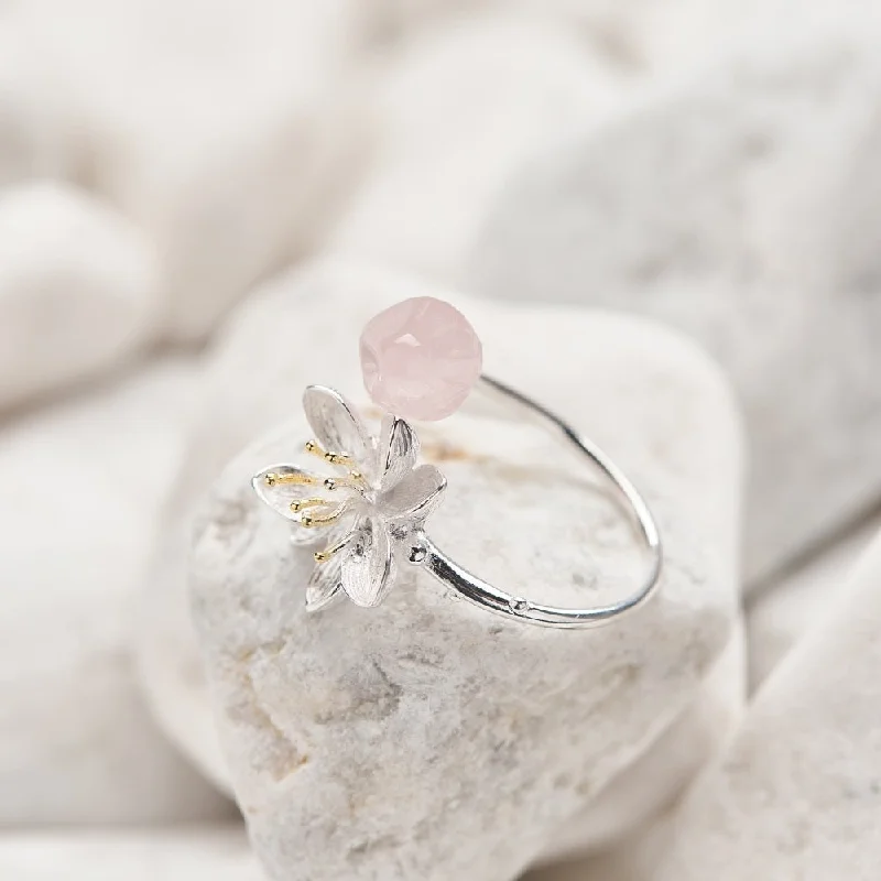 Rose Quartz Lotus Handmade Crystal Ring