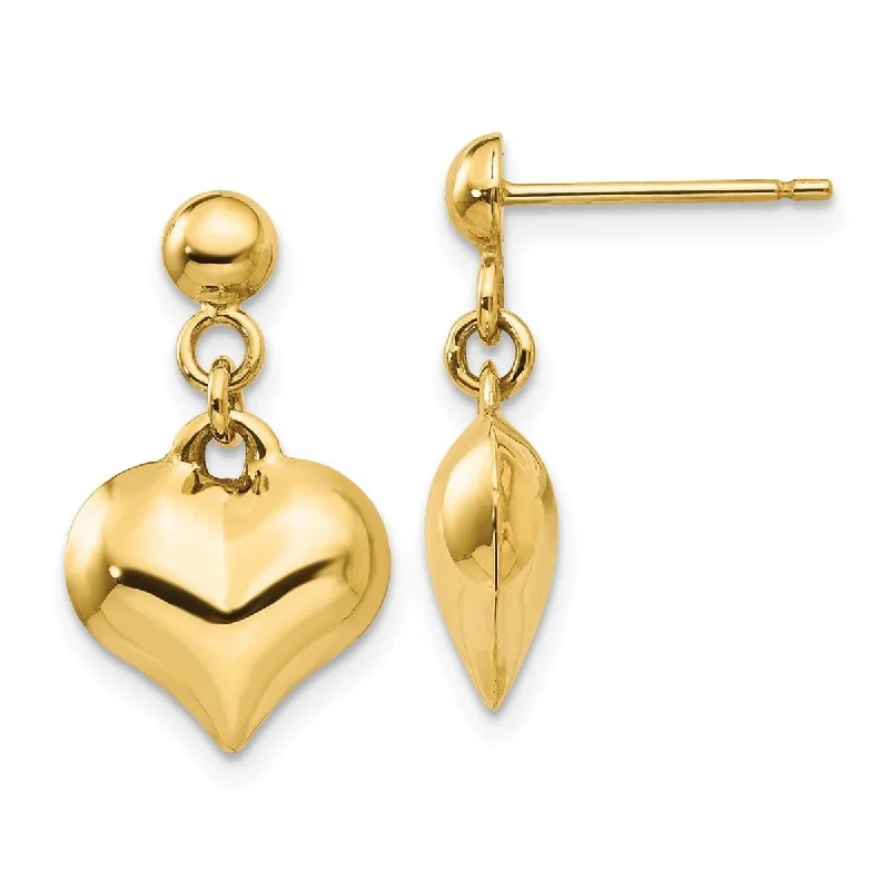 Curata 14k Yellow Gold 16x12mm Puffed Love Heart Dangle Post Earrings