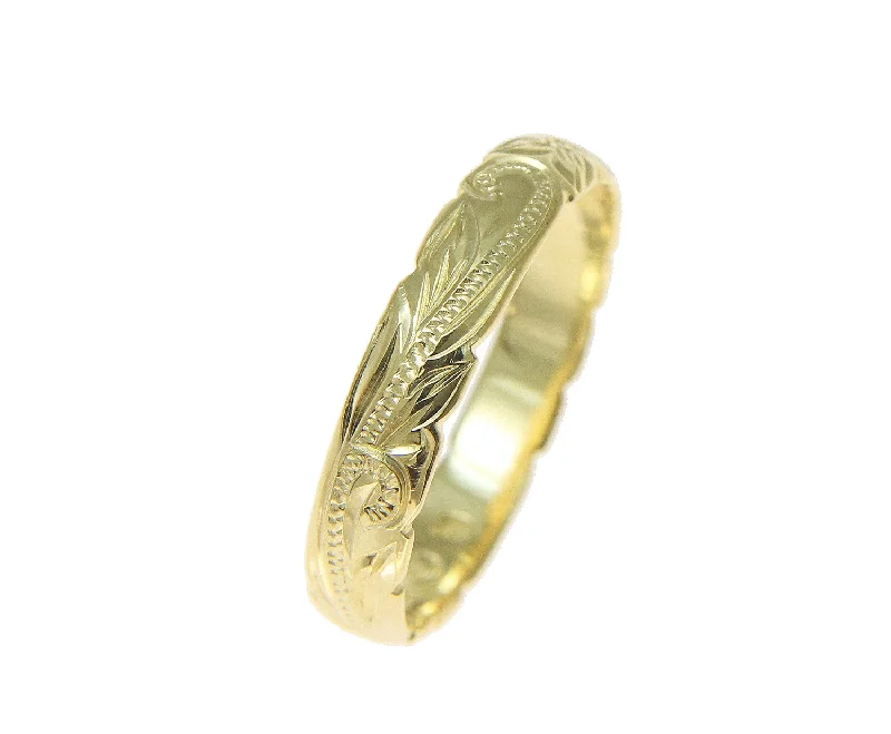 14K YELLOW GOLD CUSTOM HAND ENGRAVED HAWAIIAN PRINCESS PLUMERIA SCROLL CUT OUT EDGE BAND RING 4MM