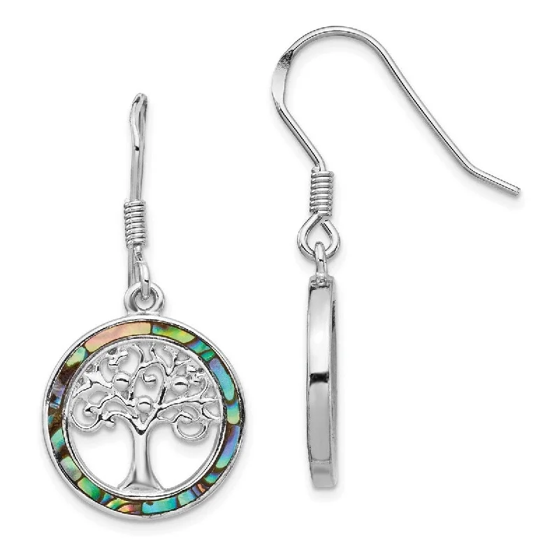 Curata 925 Sterling Silver 37.25x17mm Abalone Circle With Tree Dangle Earrings