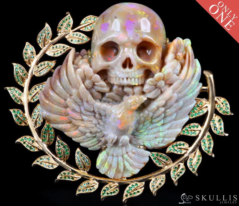 Gem Skull Brooch of Australian Opal Carved Skull with Dove & Flowers in 18K Gold inlaid Tsavorite - IW0000627