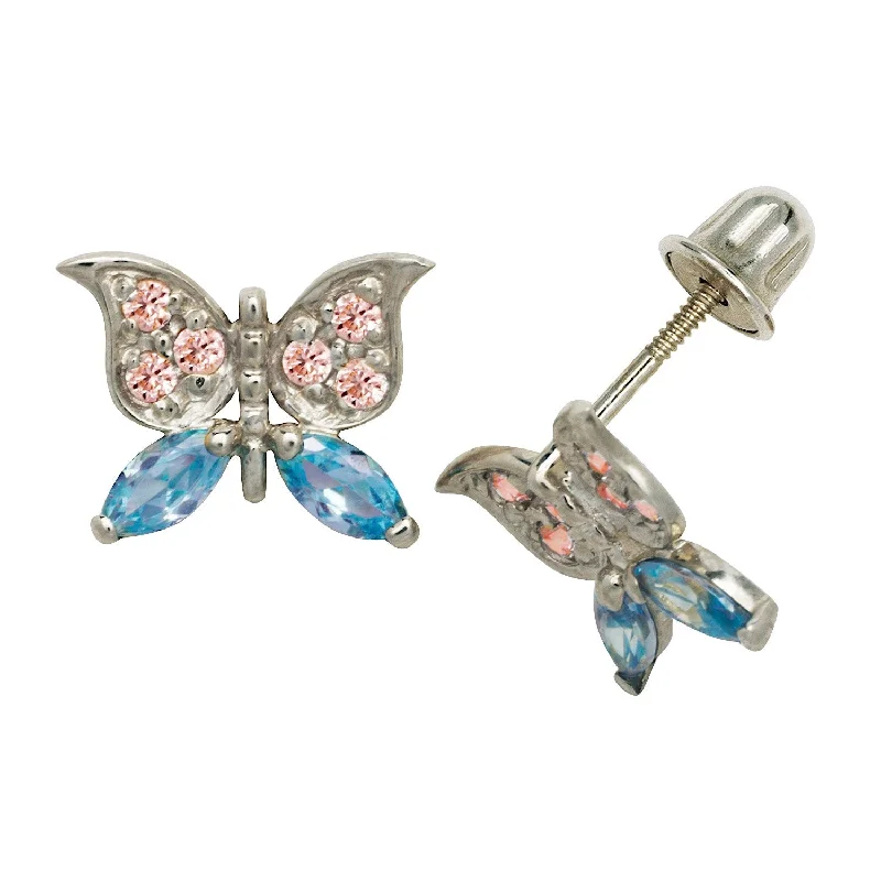 Curata Solid 14k Gold Pink Blue Cubic Zirconia Large Butterfly Screw-back Stud Earrings