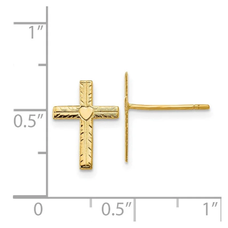 Curata 14k Yellow Gold Textured Heart Cross Earrings (10mm x 13mm)