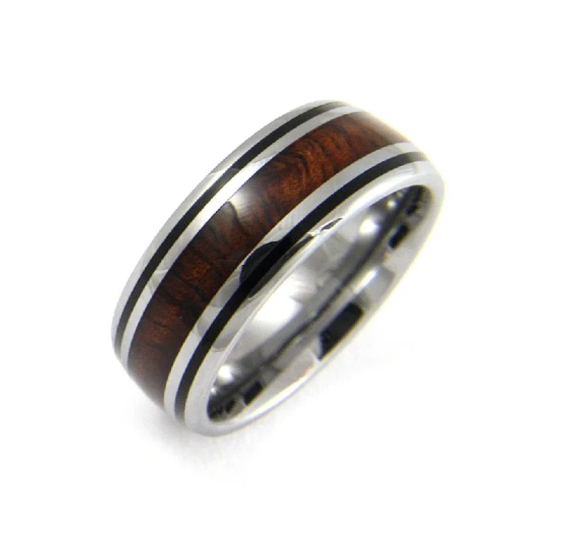 GENUINE INLAY HAWAIIAN KOA WOOD BAND RING TUNGSTEN COMFORT FIT BLACK BORDER 8MM