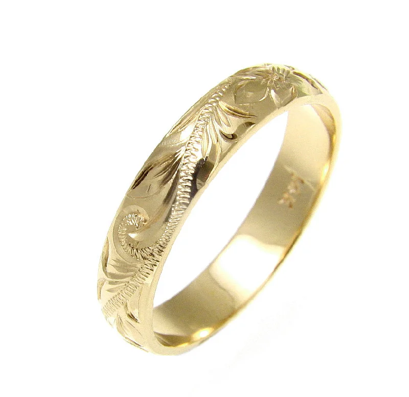 SOLID 14K YELLOW GOLD CUSTOM HAND ENGRAVE HAWAIIAN PLUMERIA SCROLL BAND RING 4MM