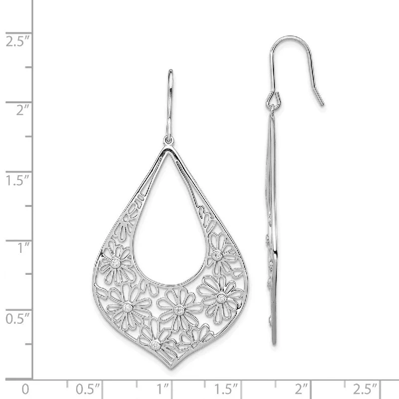 Curata 925 Sterling Silver 59x31mm Flowers With CZ Cubic Zirconia Teardrop Dangle Earrings