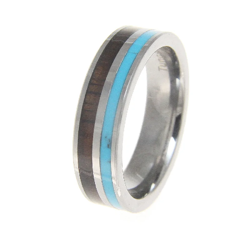 Tungsten 6mm Wedding Band Ring Turquoise Hawaiian Koa Wood Comfort Fit Size 5-13