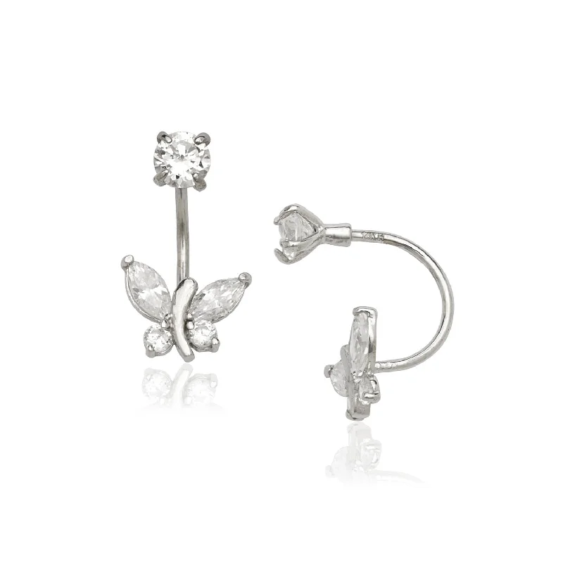 Curata 14k White Gold Butterfly and Round Cubic Zirconia Front and Back Earrings