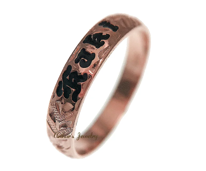 14K PINK ROSE GOLD CUSTOM HAND ENGRAVED HAWAIIAN PRINCESS PLUMERIA SCROLL BLACK ENAMEL BAND RING 4MM