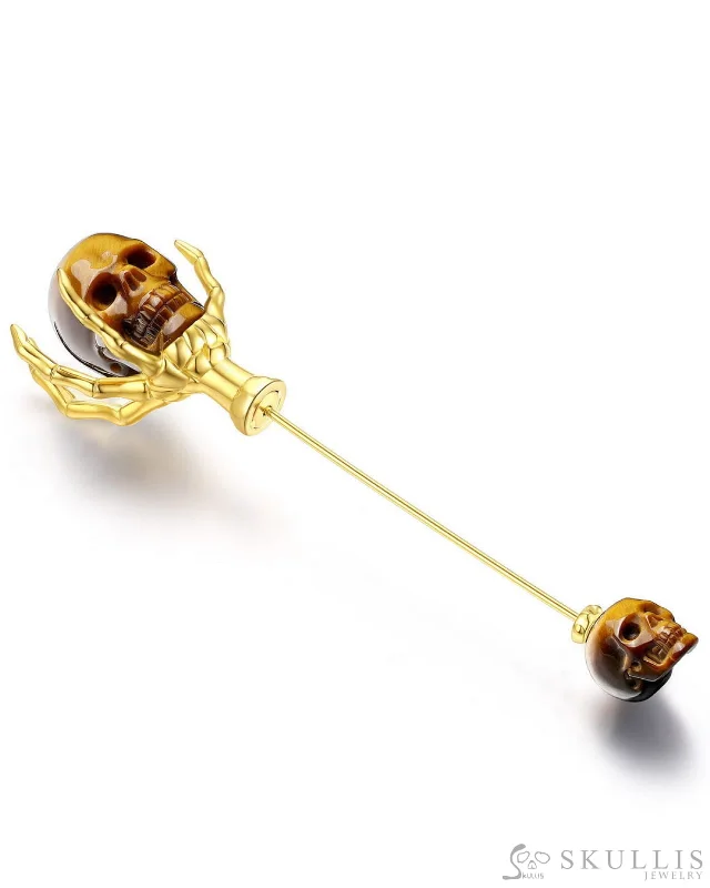 Gem Skull Brooch of Gold Tiger's Eye Carved Skull with Skeleton Hand in 18K Gold-Plated 925 Sterling Silver