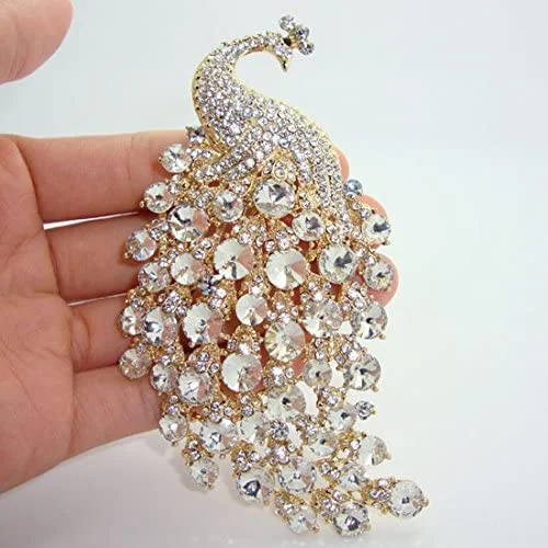 Gold Brooch Peacock Bird Clear Rhinestone Crystal BR-014