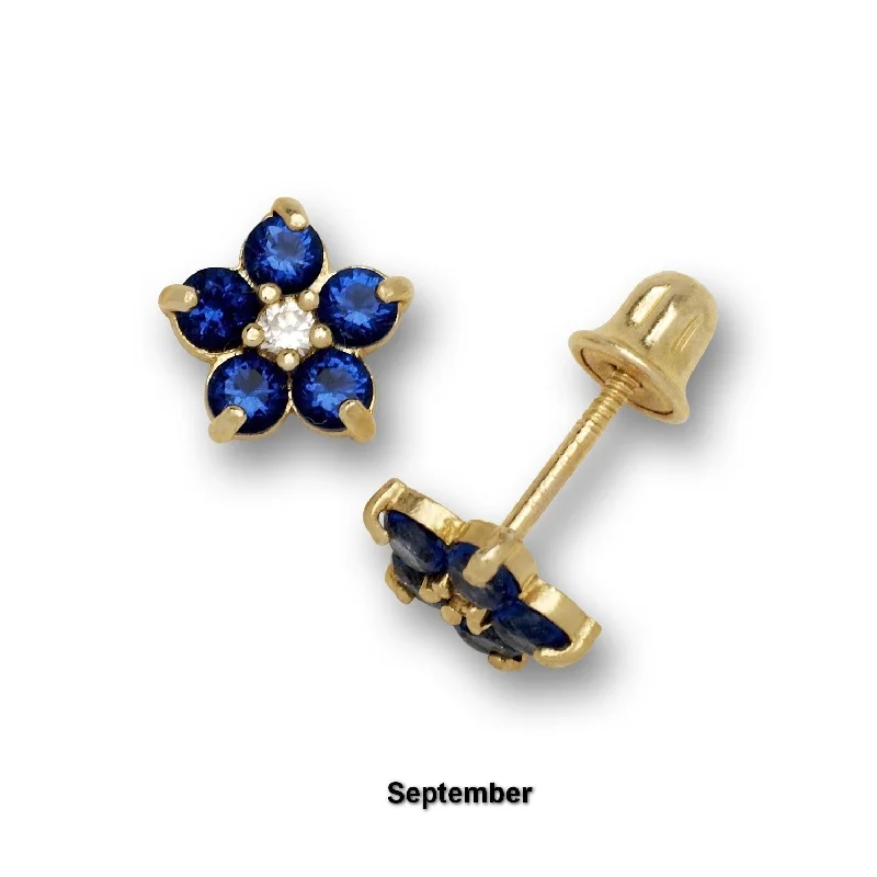 14K Yellow Gold Cubic Zircornia Small Flower Birthstone Screw-back Stud Earrings (12 colors) (5mm)